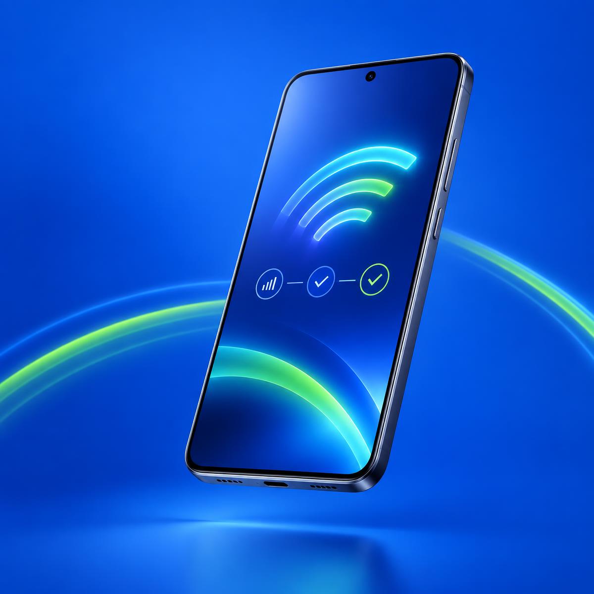 A modern 5G smartphone with signal graphics